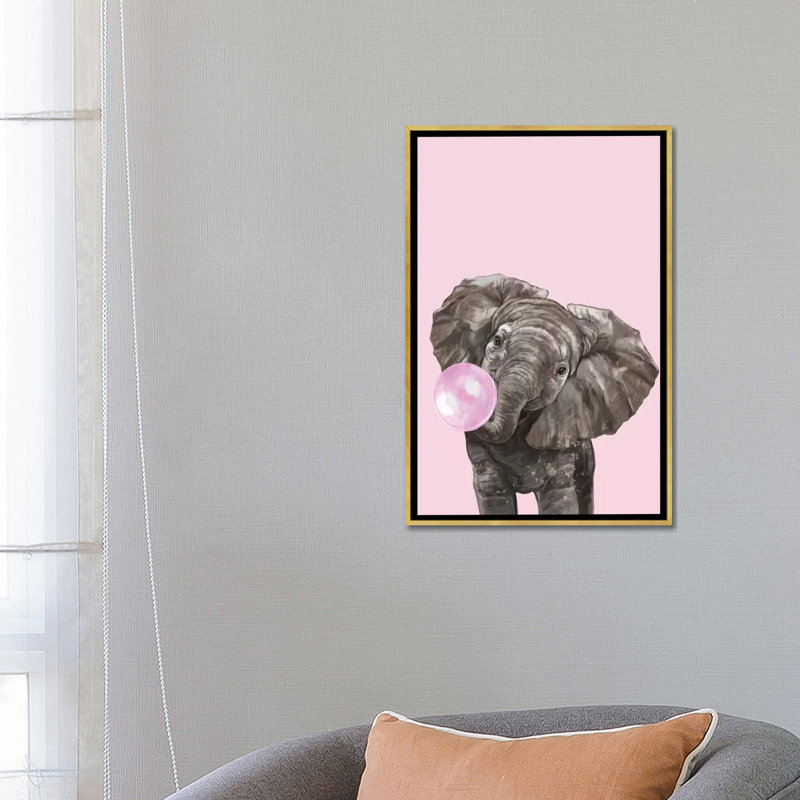 Art d’éléphant de gomme à bulles, Toile encadrée d'or, H 26 po x l 18 po x P 1,5 po