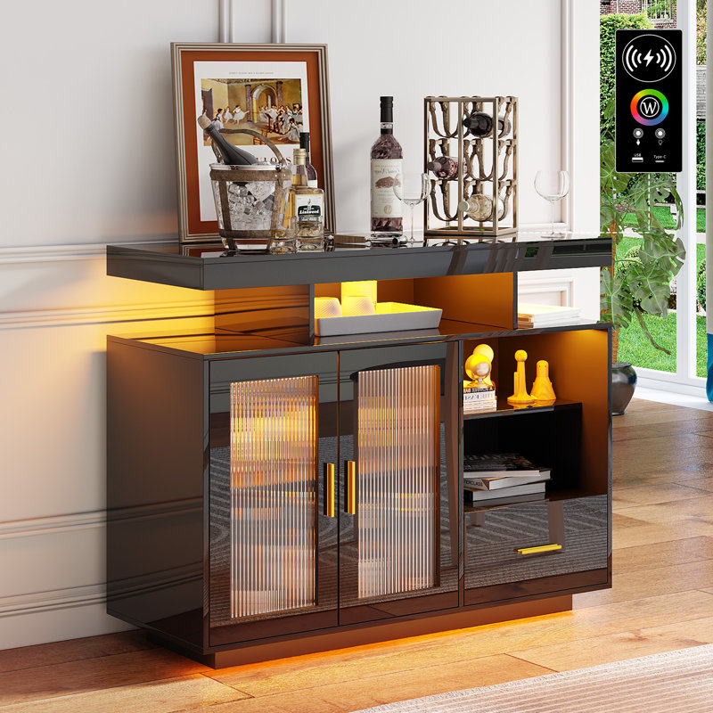 Modern Led Coffee Bar Cabinet And Sideboard With Storage – Ideal For Kitchen, Dining Room Or Living Room, Black