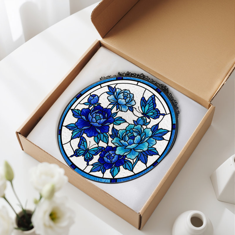 Vitrail à vitrail fleurs bleues 12 "H, 12" H x 12" W