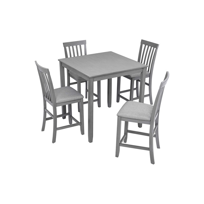 5 Piece Dining Table Set, Wooden Dining Square Table Set for 4, Counter Height Kitchen Table Set with Square Table and 4 Upholstered Chairs for Small Space, Grey