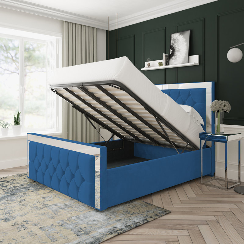 Sage Naples Velvet Upholstered Ottoman Bed Frame, Double (4'6), Blue