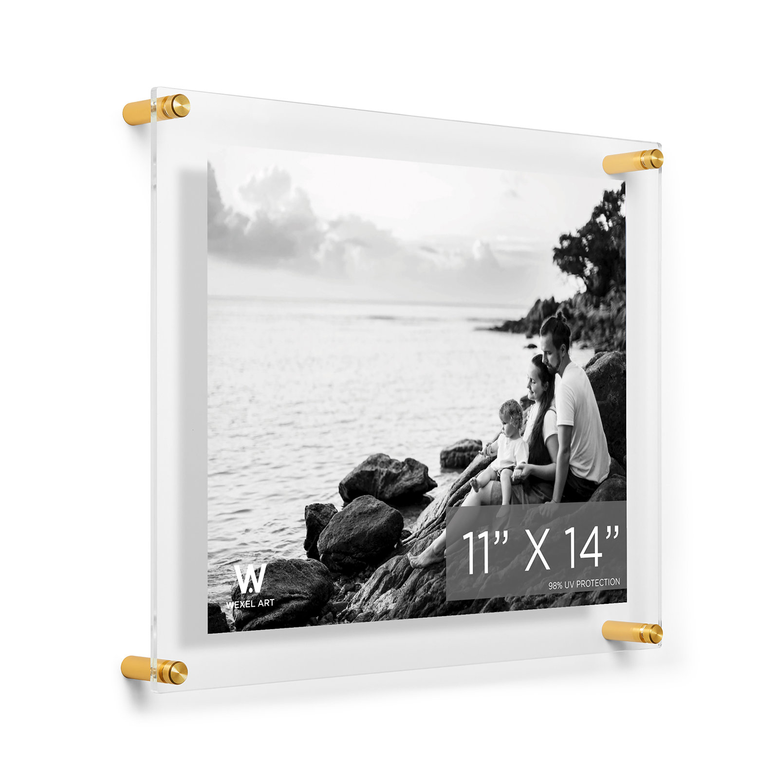 Clear UV-Grade Acrylic Modern Floating Picture Frame, Gold, 11" W x 14" H
