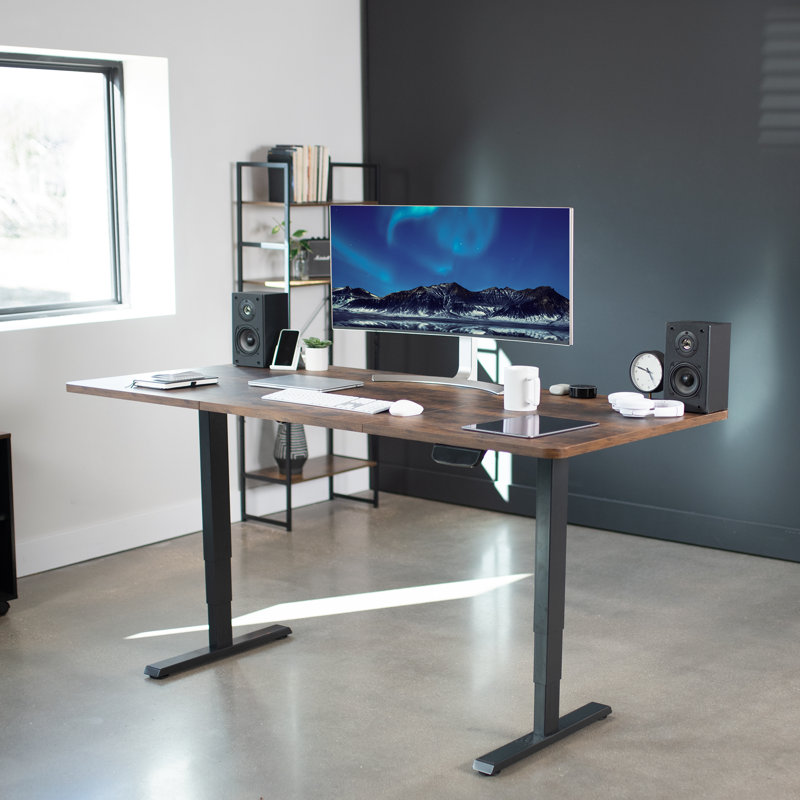 Vintage Brown Adjustable Height Electric Standing Desk with Black Frame