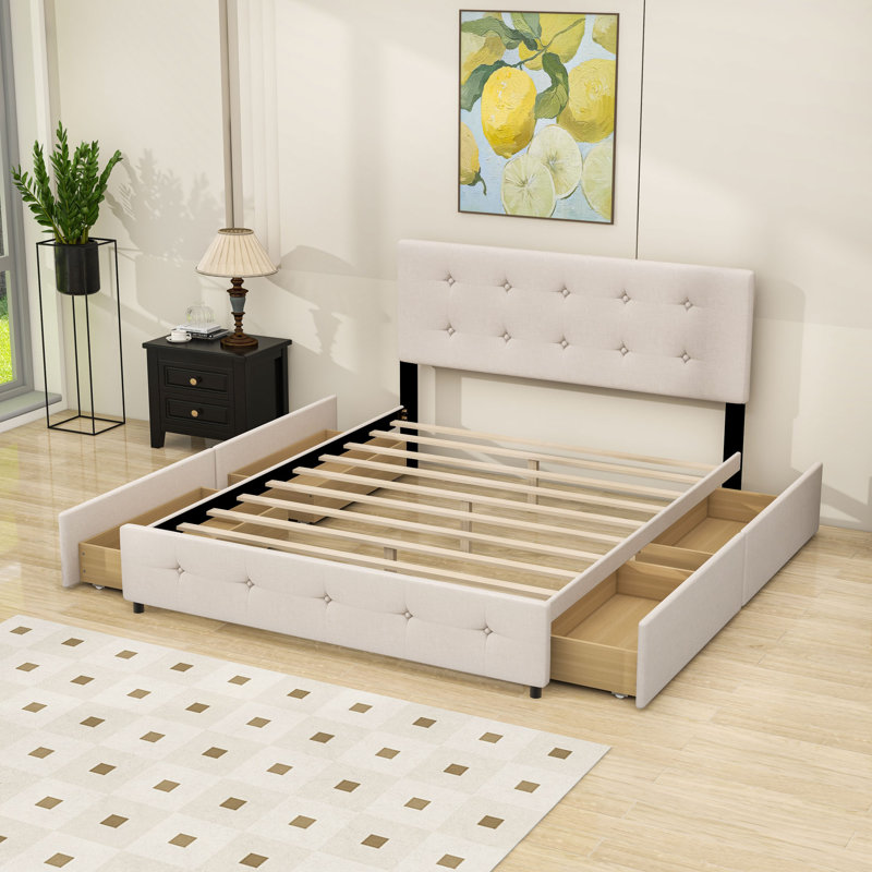 Grand lit plateforme tapissier 4 tiroirs avec tête de lit capitonnée, Beige
