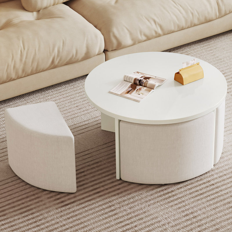 Round Coffee Table With Hidden Stools White