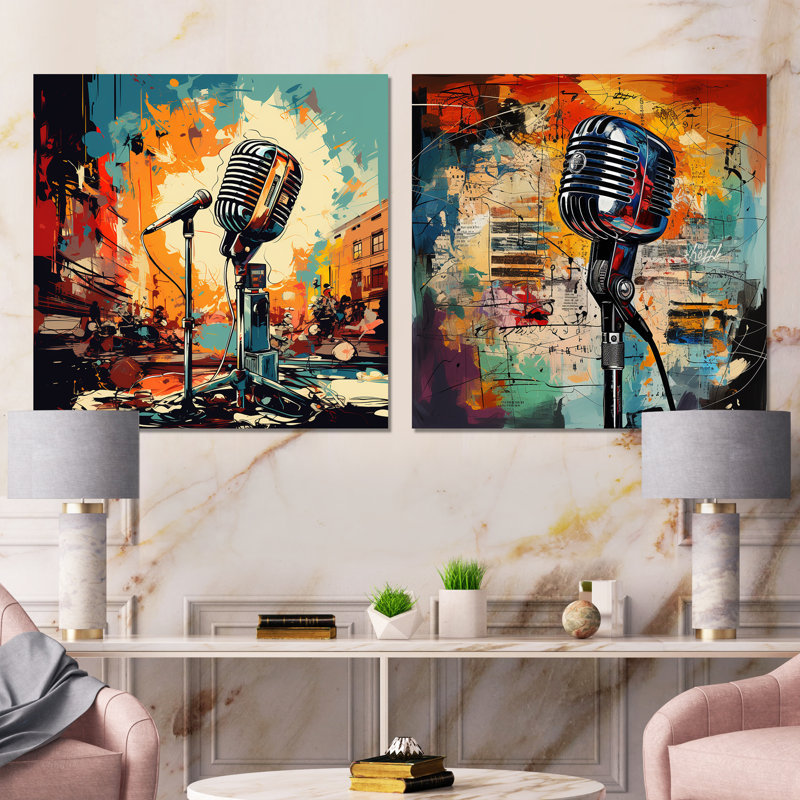Popart Microphone Harmony I - Ensemble de 2 décorations murales musique, Toile tendue, H 36 po x l 73 po x P 1,5 po