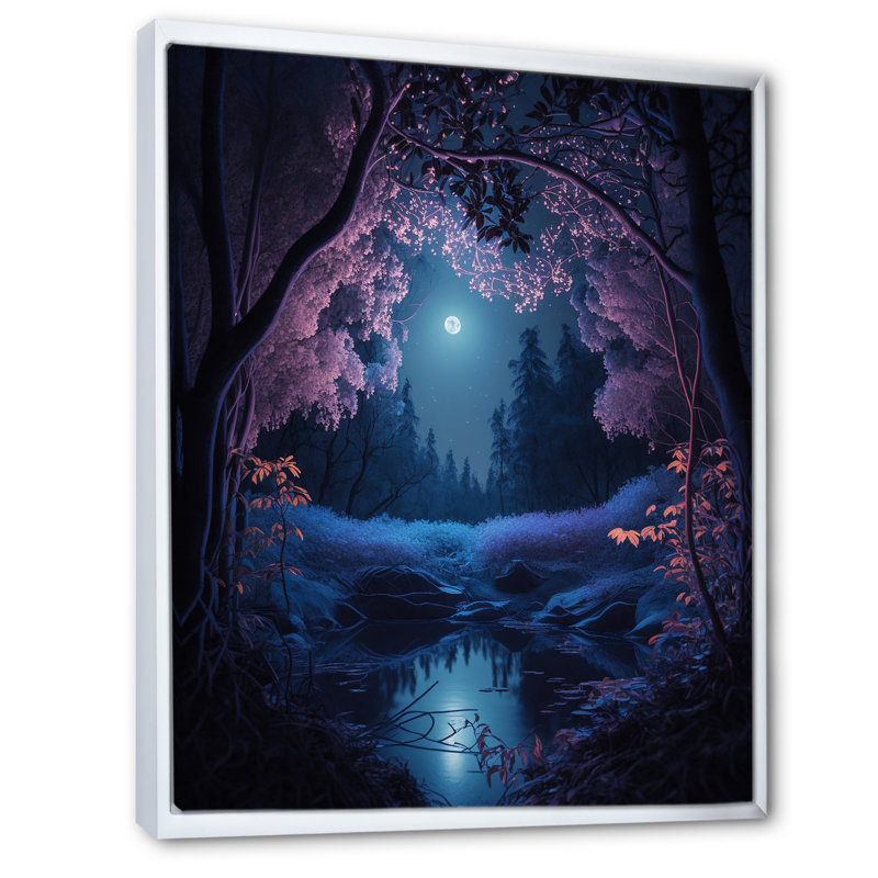 Pleine lune grâce à la forêt magique de minuit sur toile, Cadre flottant blanc, H 44 po x l 34 po x P 1,5 po