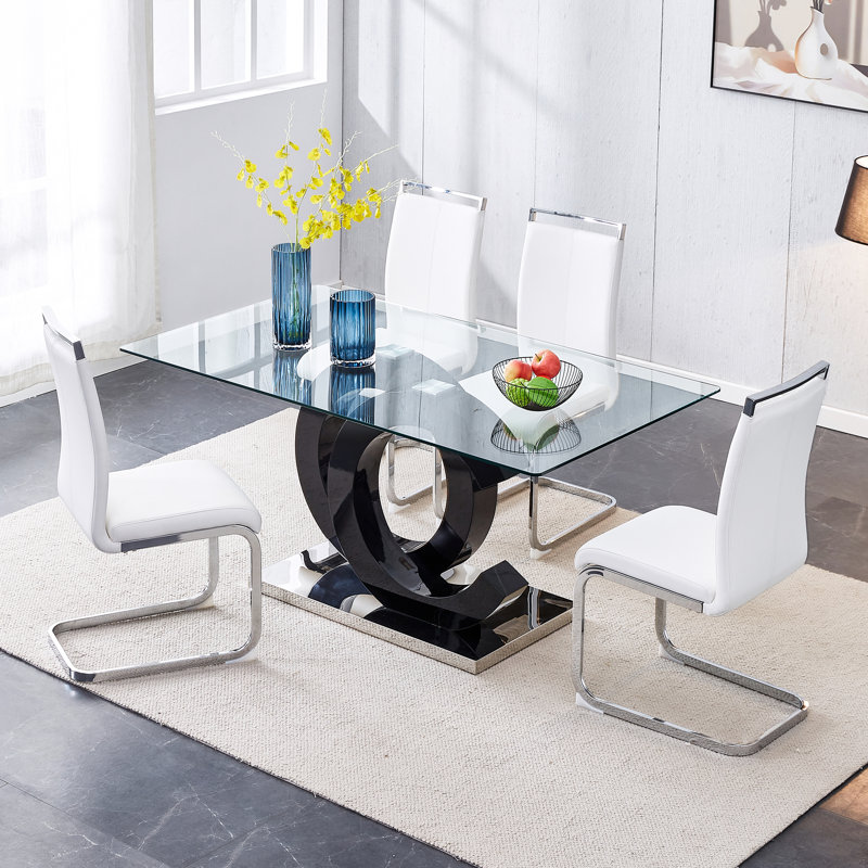Crystalynn Modern 63-Inch Rectangular Glass Top Dining Table Set, White, 5 Pieces: Table, 4 Chairs