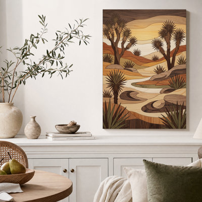 Tableau sur toile représentant un paysage désertique avec des yuccas de Joshua, style marqueterie de bois