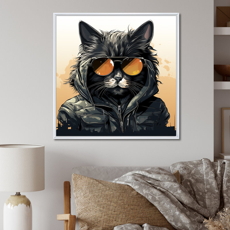 Chat noir dans des verres sur toile, H 36 po x l 36 po x P 1,5 po, Cadre flottant blanc