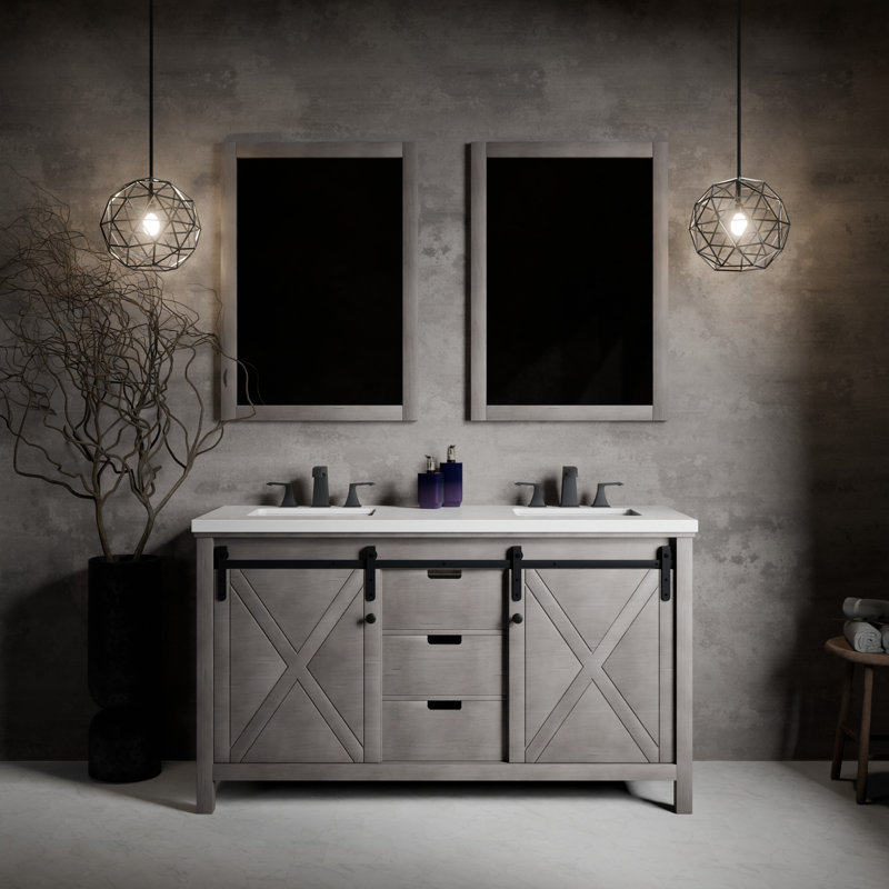 Meuble-lavabo double l 60 po x P 22 po Marsyas, Gris cendre