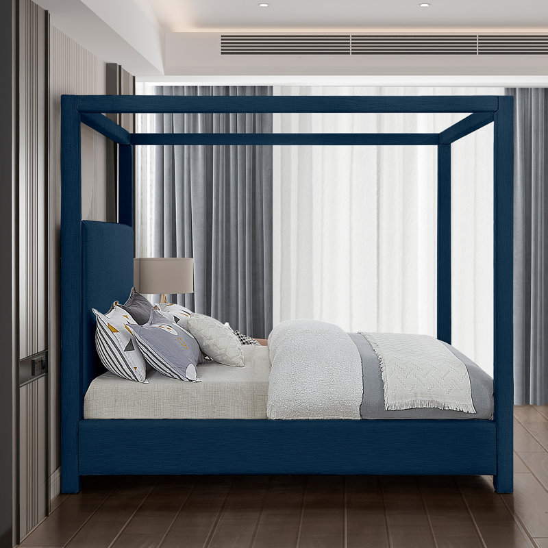 Upholstered Canopy Bed, Navy Linen, Queen