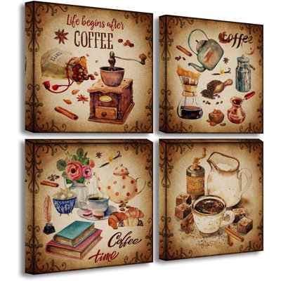 Cuisine, art mural café, impressions sur toile, photos brunes rétro pour bar à café, décoration murale, 4 panneaux, art moderne pour salle à manger, café, restaurant, encadré, l 12 po x P 12 po