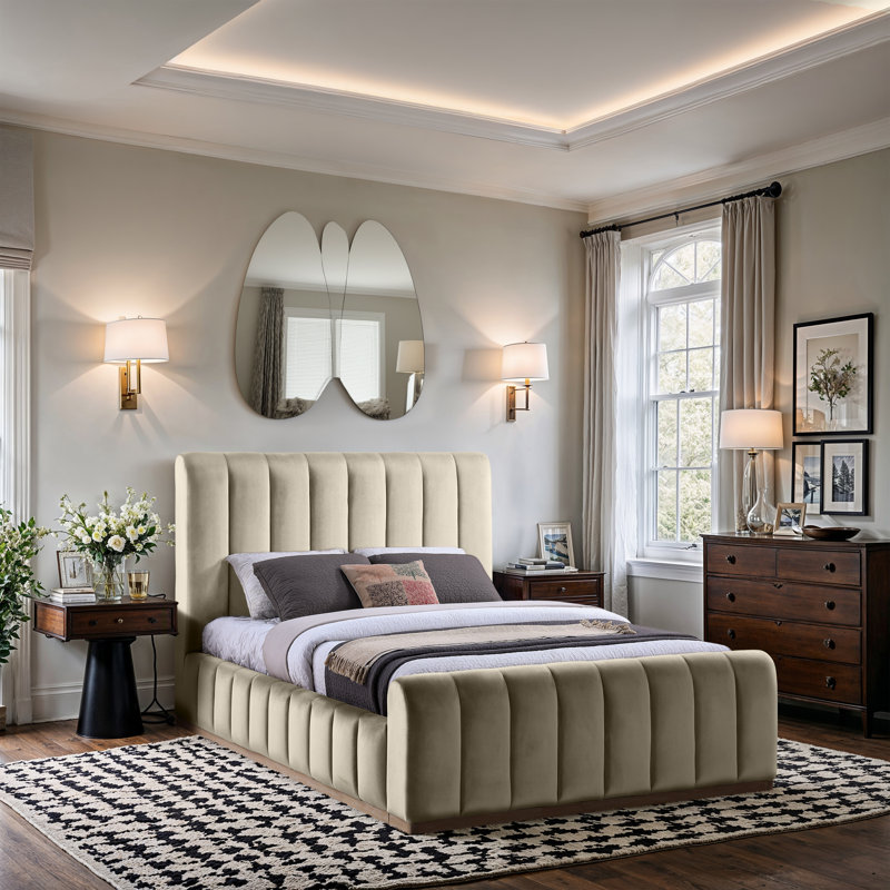 Lit en velours Amara, Grand, Velours crème
