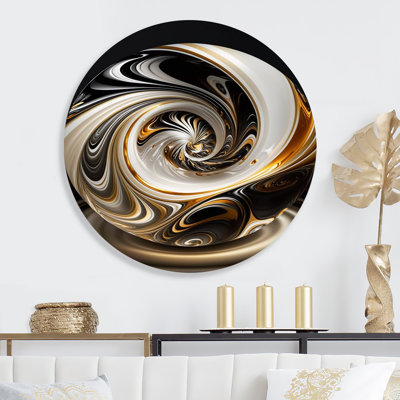 Gold And Black Stained Glass Spiral II - Abstract Spirals Round Wall Art on Metal