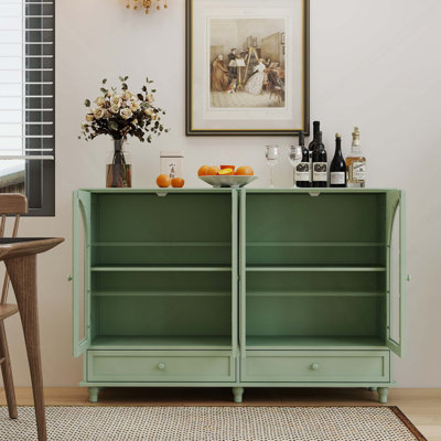 Buffet en verre arqué, 2 tiroirs et 4 portes en verre, armoire de présentation avec tablettes réglables, armoire de cuisine moderne pour le vestibule du salon