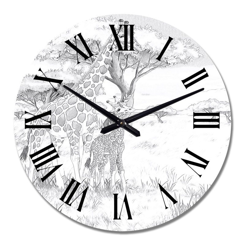 Girafe noire et blanche en safari I - Horloge murale traditionnelle, Moyen