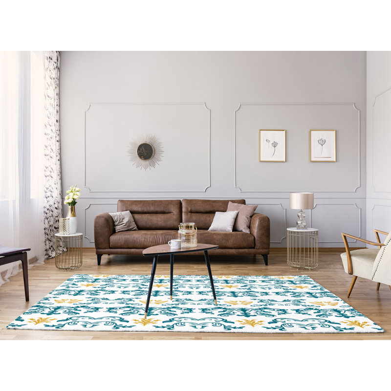 Tapis damassé blanc / bleu, Rectangle 8 pi x 10 pi