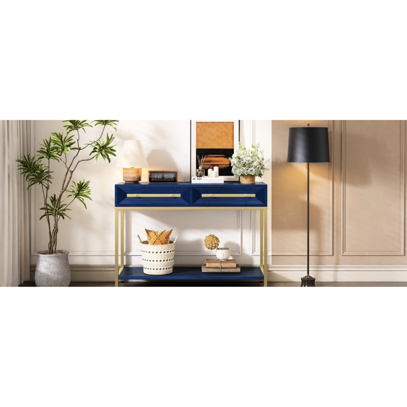 Table de couloir rétro avec rangement, console géométrique bleu marine pour le salon à deux tiroirs, vestibule design, Marine