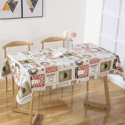 Nappe rétro en vinyle avec envers en flanelle 52 po x 90 po, affiche café patchwork beige