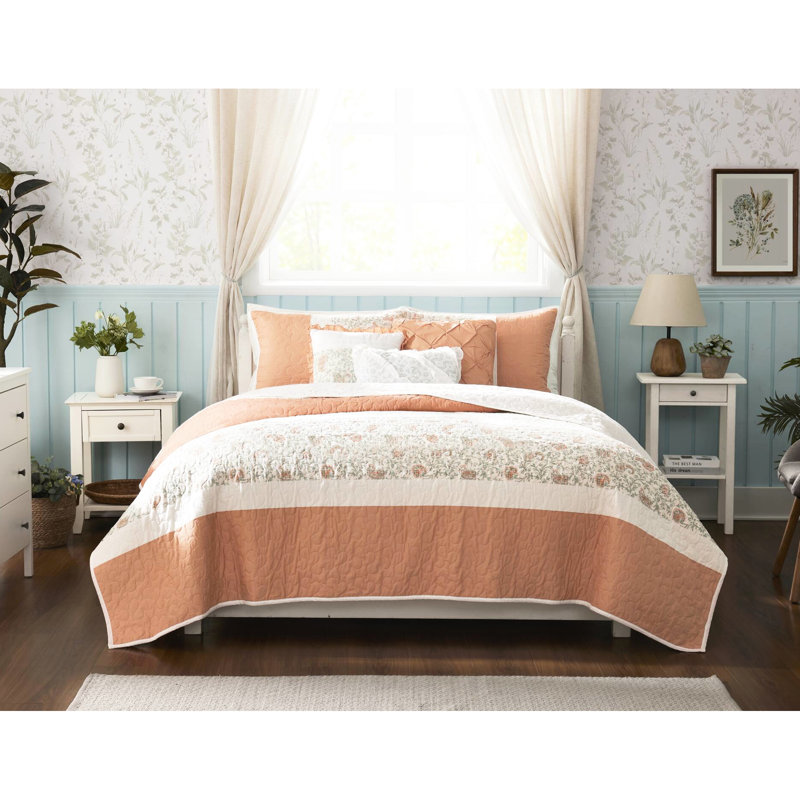 Courtepointe 6 pièces en corail réversible, double / grand, couleur coton avec coussins décoratifs, pour chambre à coucher