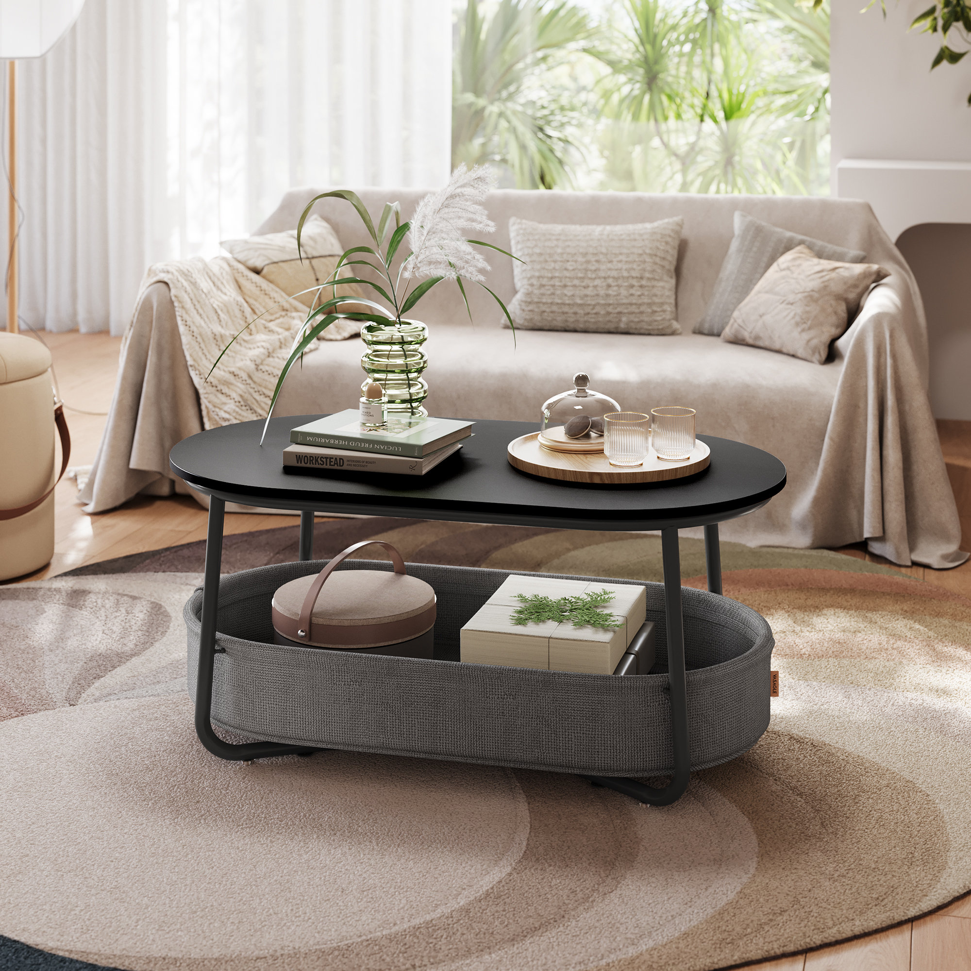 Ebern Designs Neili Floor Shelf Coffee Table with Storage Fabric Basket ...
