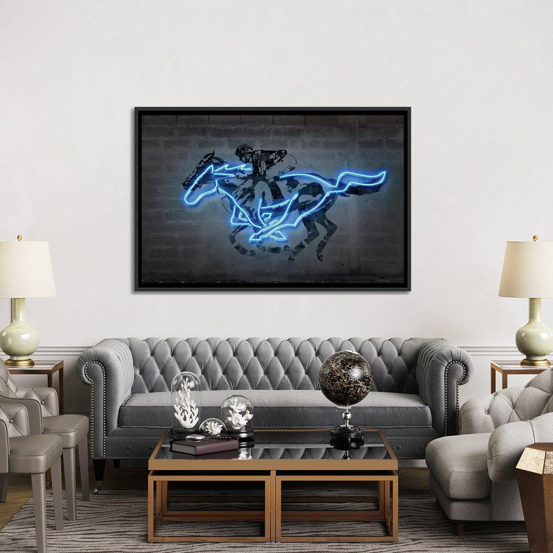 Reproduction d’art, "Mustang" par octave Mielu, Pas de tapis, Toile avec cadre noir, H 40 po x l 60 po x 1,5 po