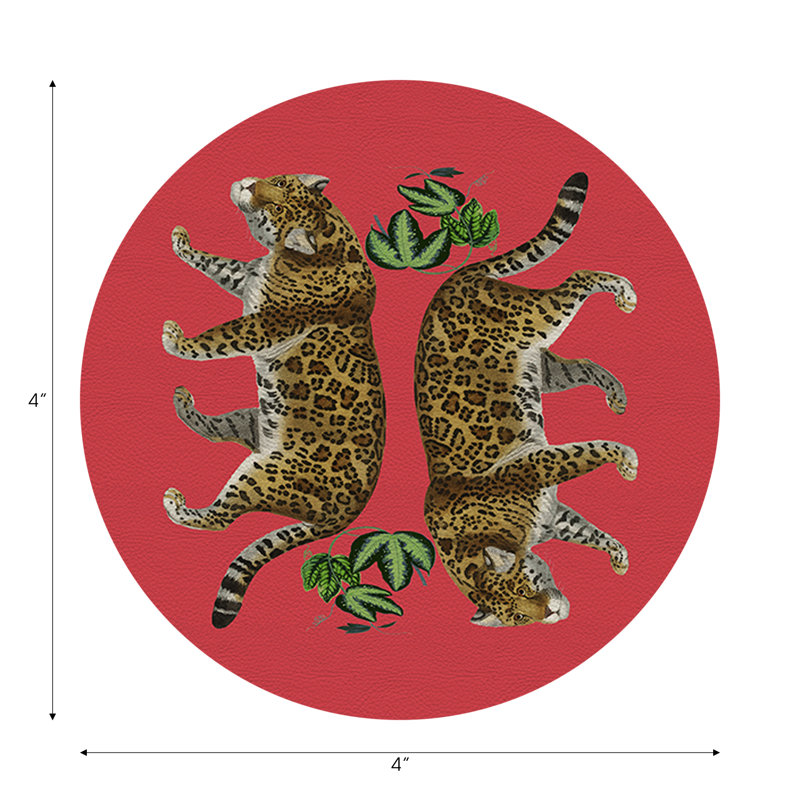 Sous-verres ronds en cuir végétalien à motif léopard, Cramoisi