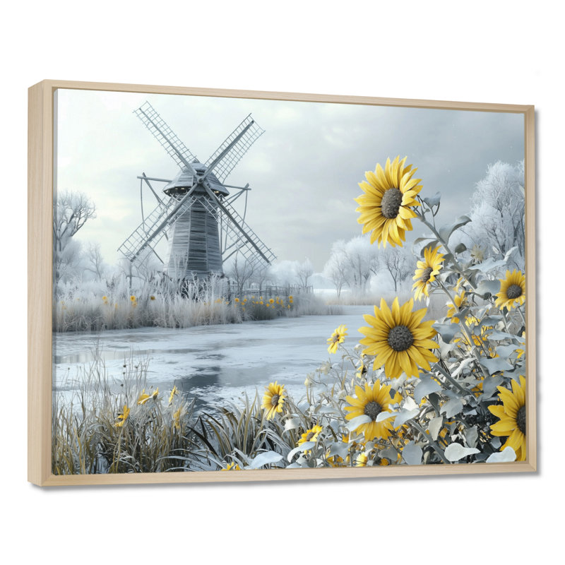 Donall Sunflowers And The Frozen Windmill - moulins à vent, art mural, H 30 po x l 40 po, Floater Framed, Natural