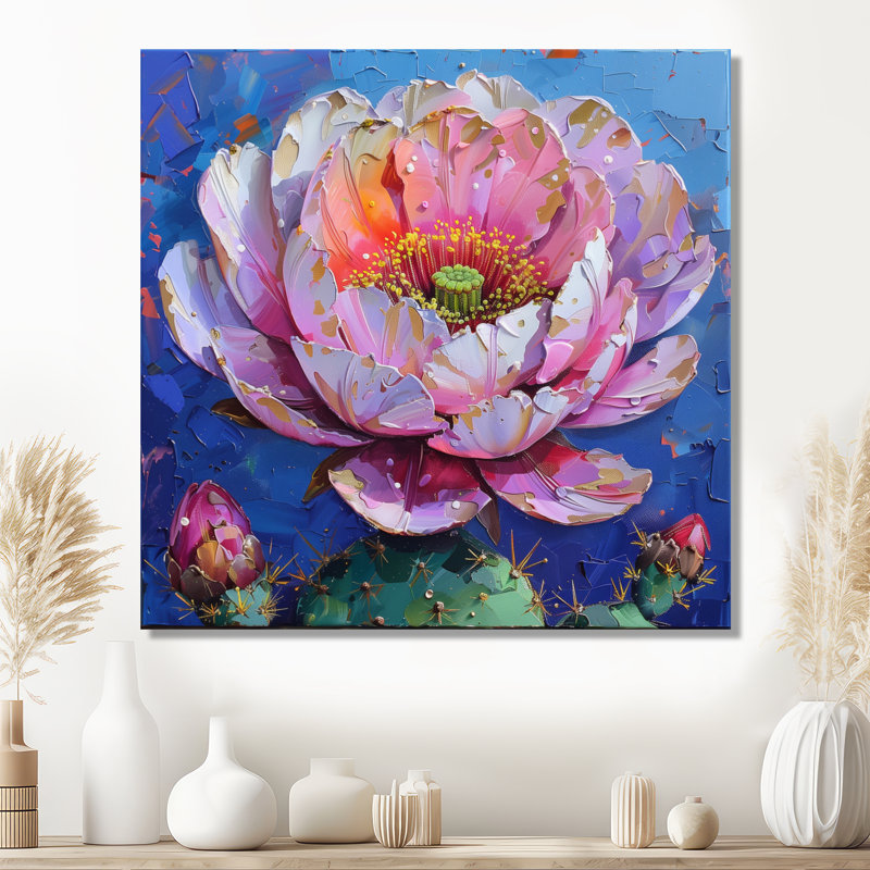 Rose rose vert cactus en fleurs - cactus floral, impression d'art mural, Toile tendue, H 16 po x l 16 po x P 1 po