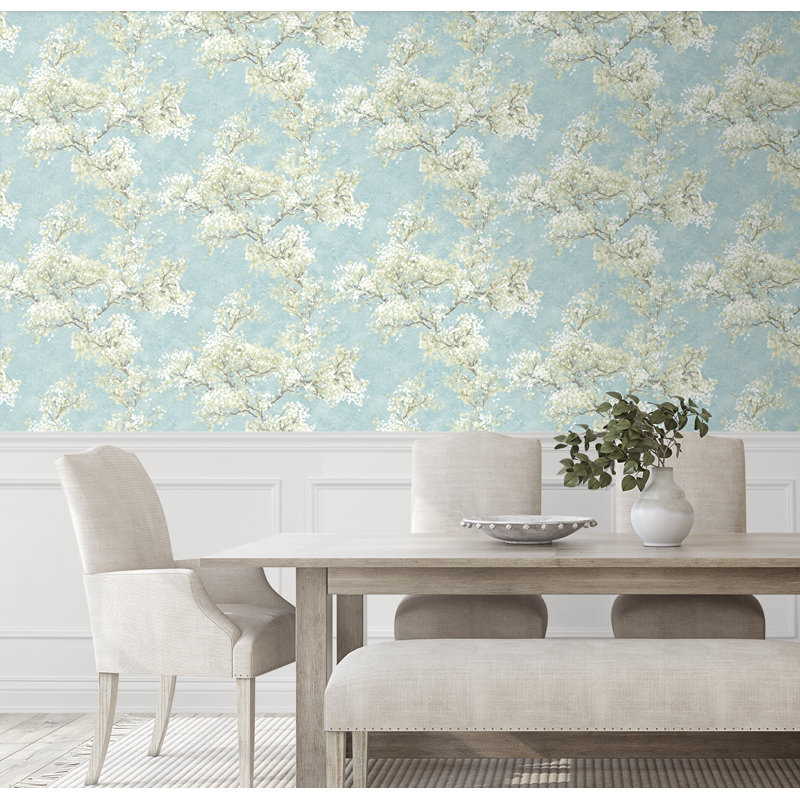 Alaster 18' L x 20.5" W Peel and Stick Wallpaper Roll, Blue Mist/Green Tea