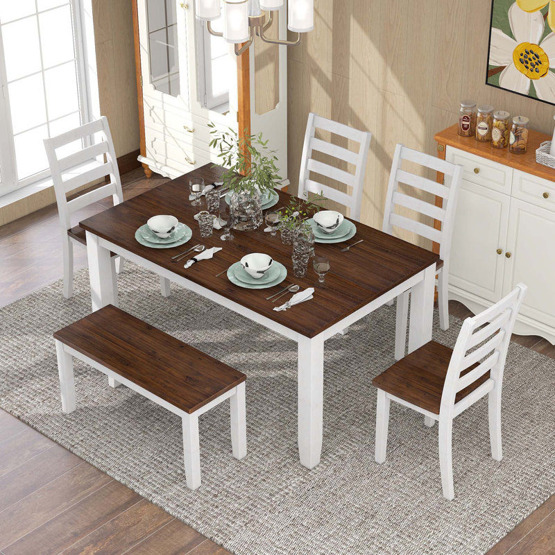 Ensemble de table de salle à manger de style rustique 6 pièces avec 4 chaises rembourrées et un banc, Brun / Gris, Brun