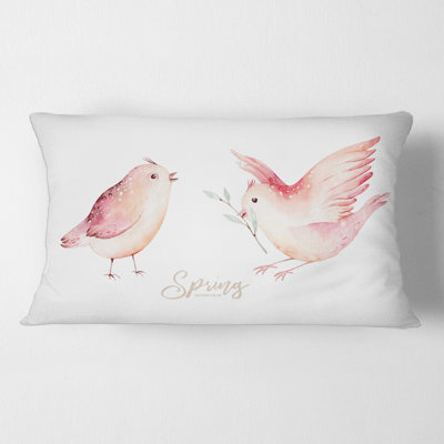 Housse de coussin rectangulaire et insert oiseau sur une branche en fleurs avec feuilles