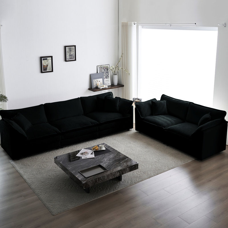 2 + 3 places en chenille noire - Fabrication en bois massif, éponge, tissu respirant pour un salon élégant, cadre, rembourrage en éponge, intérieur