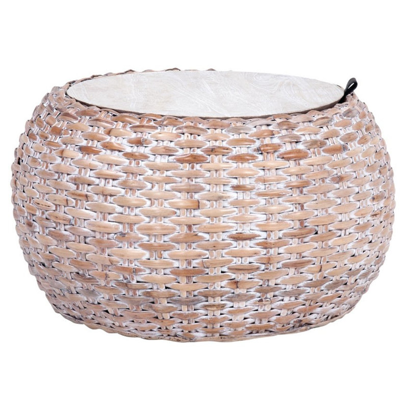 Natural White Wash Wood and Rattan Round Coffee Table