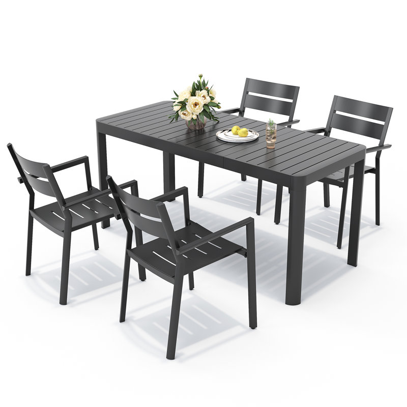Cademon 4 - Person Aluminum Rectangular Extendable Outdoor Dining Set with Stacking Chairs, 4 Person