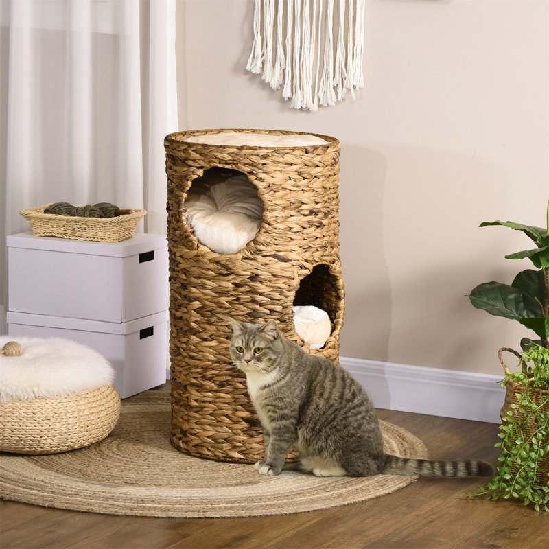 Natural Water Hyacinth Multi-Layer Elevated Cat Bed with Cushions