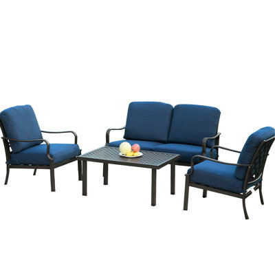 4 pièces de salle à manger de patio en métal avec coussins pour la construction de jardin et d'extérieur - Couvertures épaisses bleu marine