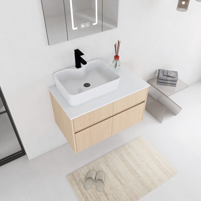 Meuble-lavabo mural 32 po avec lavabo en céramique, 2 portes à fermeture douce et 1 tiroir, Beige