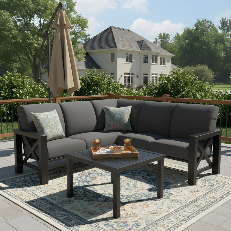 Outdoor L-shape Patio Conversation Metal 5 - Person Seat Group With Thick Cushion, Dark Gray Cushion/Black Frame