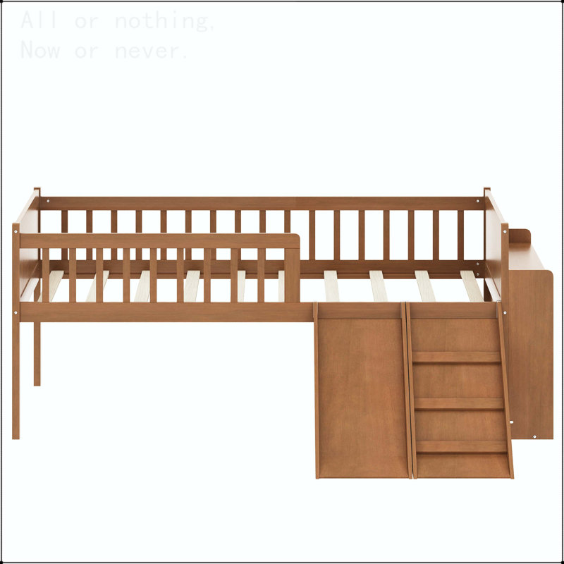Twin Size Bed Frame with Storage Shelf, Slide, and Ladder, Walnut