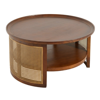 Lorvyn Boho Farmhouse Round Coffee Table with 2-Tier Storage Shelf  and Metal Rattan Sides for Living Room