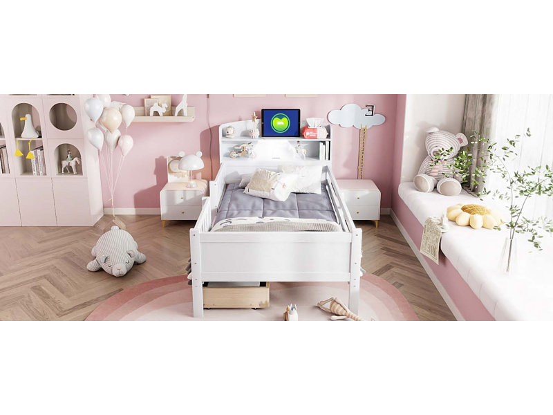 Lit plateforme en bois avec lumière DEL intégrée, tête de lit multifonctionnelle, garde-corps et 2 tiroirs, Blanc