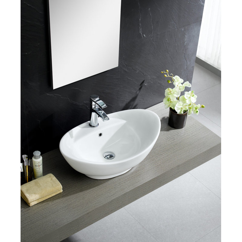 Modern Glossy White Ceramic Oval Vessel Bathroom Sink