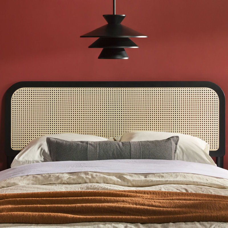 Blomquist Solid Wood Platform Bed with Rattan Inset Headboard, Black, Queen