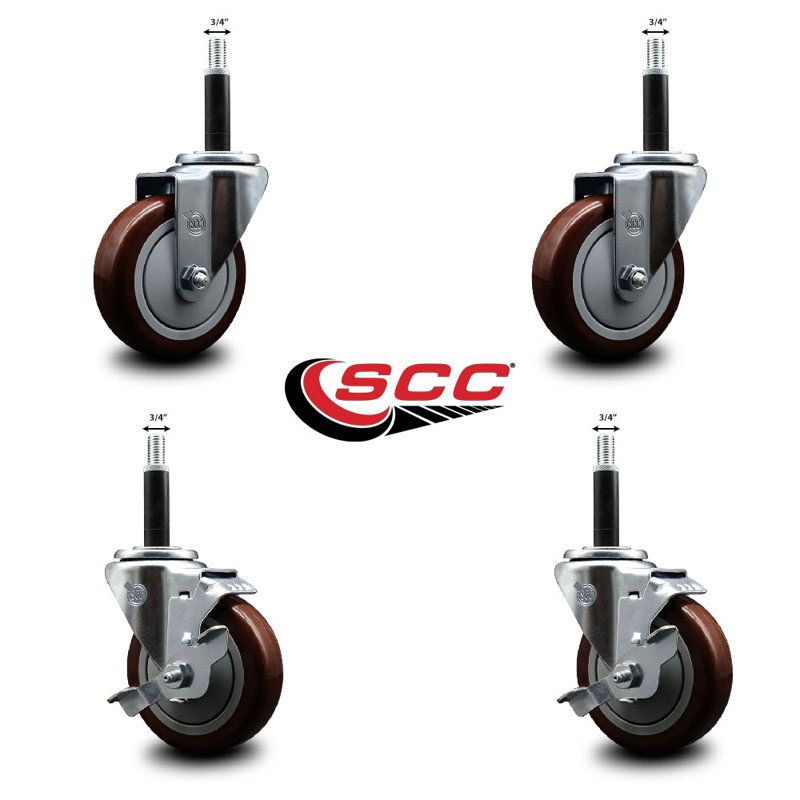 Ensemble de roulettes extensibles pivotantes en poly sur roulettes 2 freins SCC TLB 4 po x 3/4 po, Marron