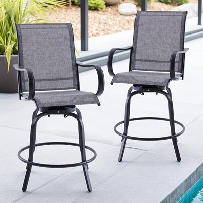 Set Of 2 Outdoor Swivel Bar Stools, 360° Rotating Patio Bar Height Stools With PVC-coated polyester Fabric & Footrest, All-weather Powder-coated Metal Frame For Patio, Deck, Balcony