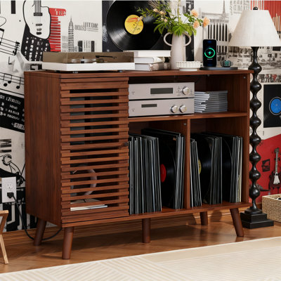 Record Player Stand With Charging Station, Holds 350 Albums, Walnut