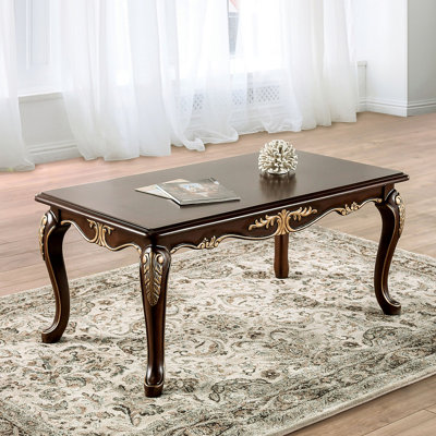 Rich Tobacco Finish Traditional Style 1Pc Rectangle Coffee Table Curved Legs Carved Details Design With Gold Highlight Elegant Look Solid Wood Structure