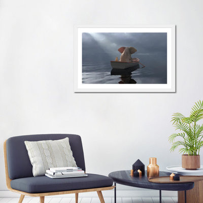 «An Elephant and a Dog Float in a Boat After the Rain» par Mike Kyiv - Reproduction de photo sur toile encadrée